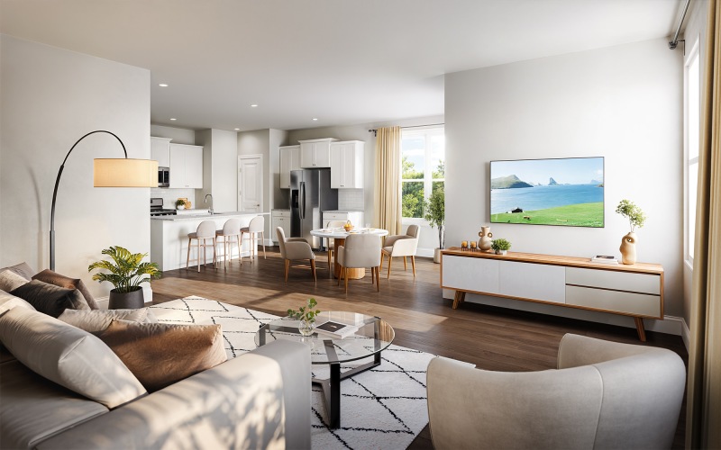 Rendering of living room and kitchen