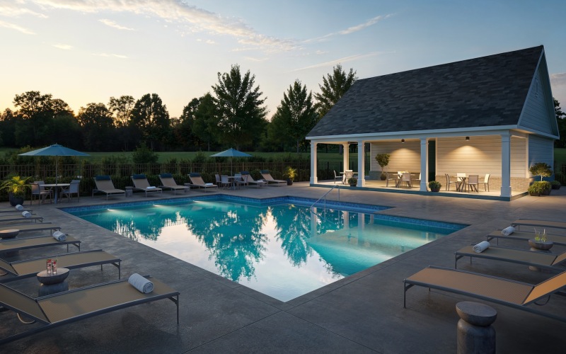 a large pool in front of a building